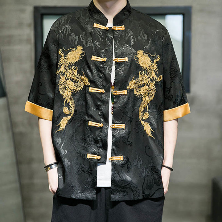 Buddha Stones Frog-Button Chinese Dragon Embroidery Half Sleeve Shirt Linen Men Clothing