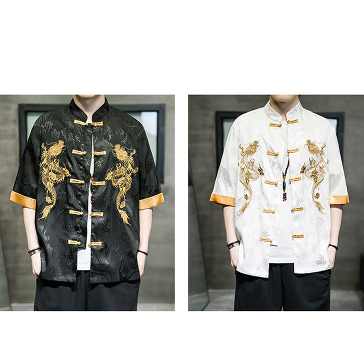 Buddha Stones Frog-Button Chinese Dragon Embroidery Half Sleeve Shirt Linen Men Clothing - image 19