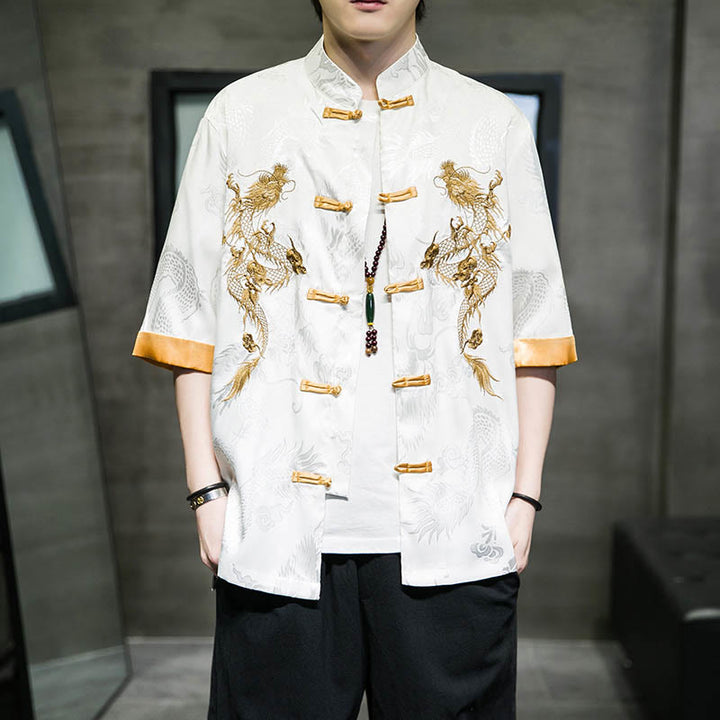 Buddha Stones Frog-Button Chinese Dragon Embroidery Half Sleeve Shirt Linen Men Clothing