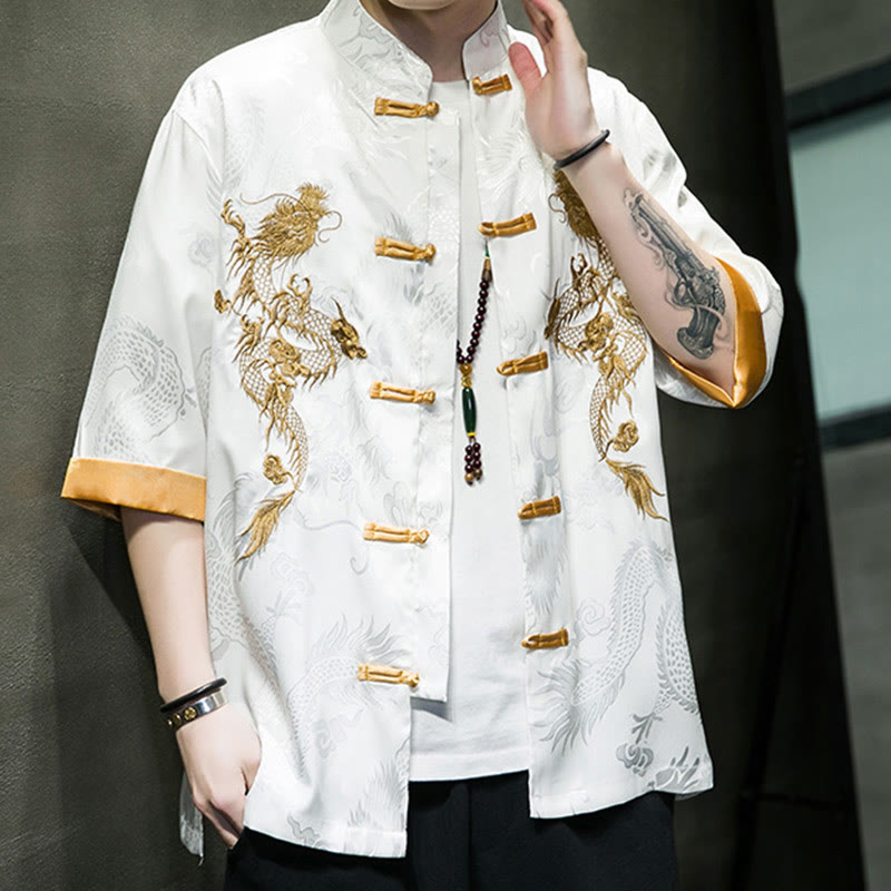 Buddha Stones Frog-Button Chinese Dragon Embroidery Half Sleeve Shirt Linen Men Clothing - image 16