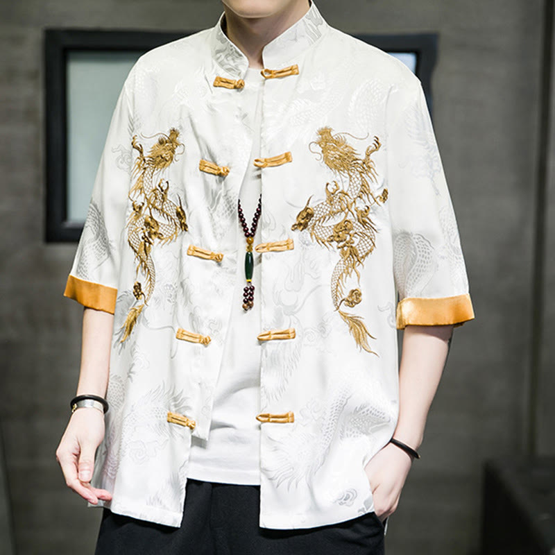 Buddha Stones Frog-Button Chinese Dragon Embroidery Half Sleeve Shirt Linen Men Clothing