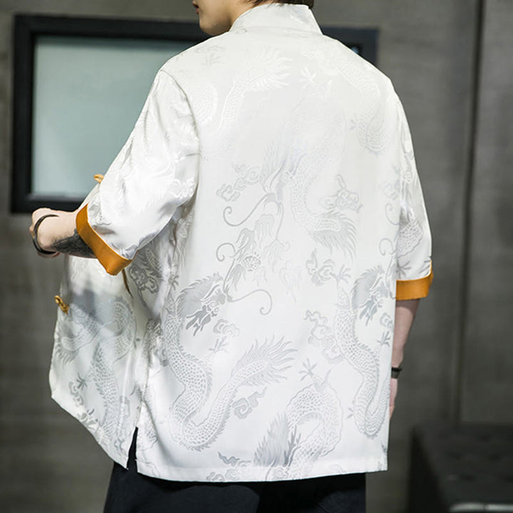 Buddha Stones Frog-Button Chinese Dragon Embroidery Half Sleeve Shirt Linen Men Clothing