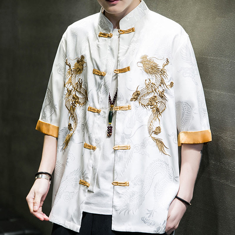 Buddha Stones Frog-Button Chinese Dragon Embroidery Half Sleeve Shirt Linen Men Clothing - image 18
