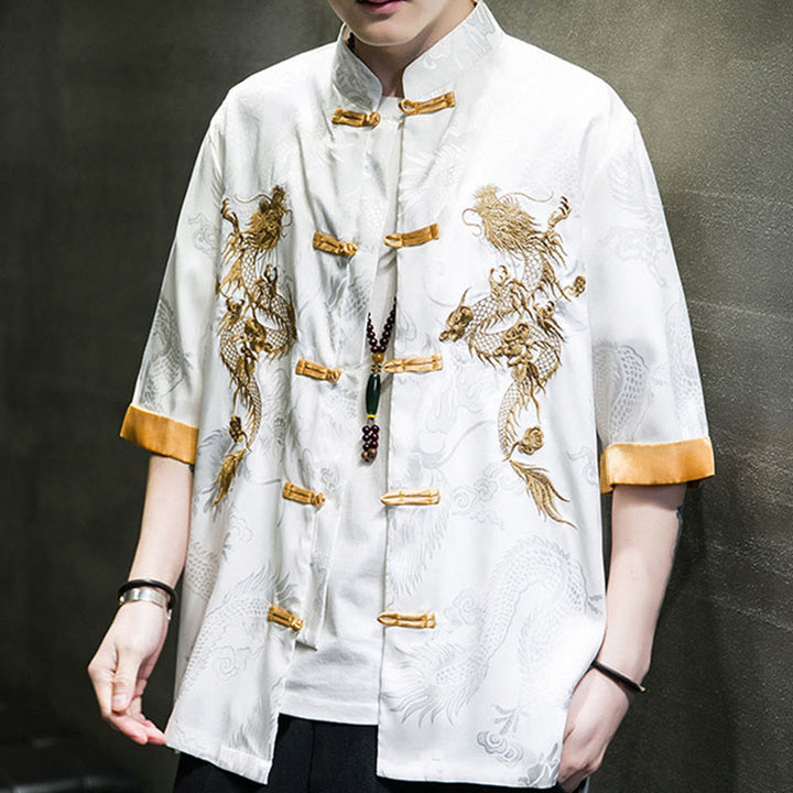 Buddha Stones Frog-Button Chinese Dragon Embroidery Half Sleeve Shirt Linen Men Clothing