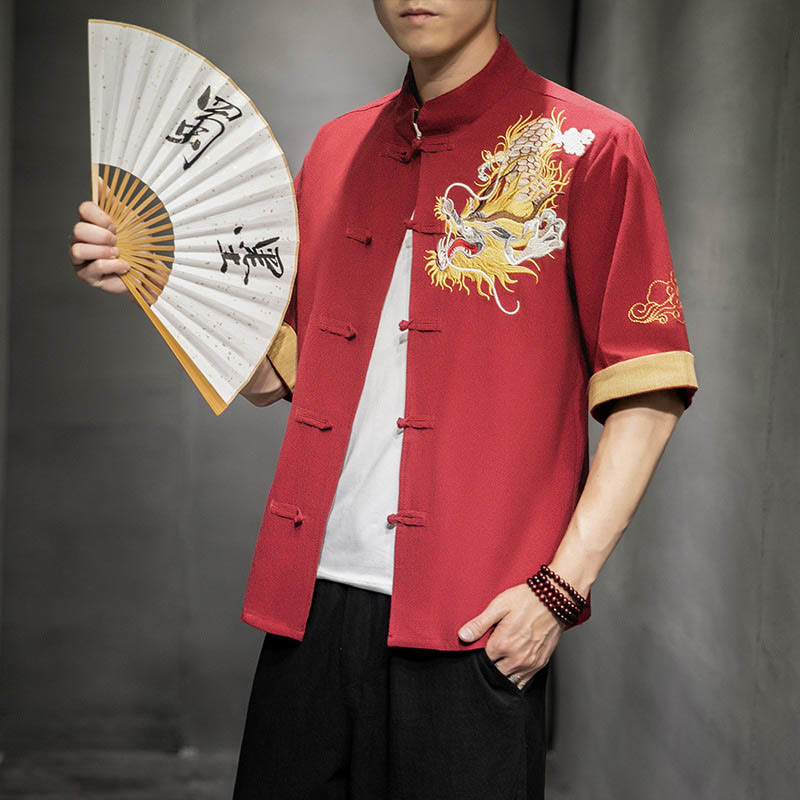 Buddha Stones Frog-Button Chinese Dragon Auspicious Cloud Embroidery Half Sleeve Shirt Cotton Linen Men Clothing - image 13