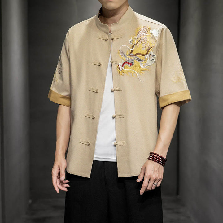 Buddha Stones Frog-Button Chinese Dragon Auspicious Cloud Embroidery Half Sleeve Shirt Cotton Linen Men Clothing - image 28