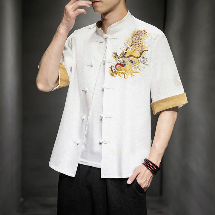 Buddha Stones Frog-Button Chinese Dragon Auspicious Cloud Embroidery Half Sleeve Shirt Cotton Linen Men Clothing - image 26