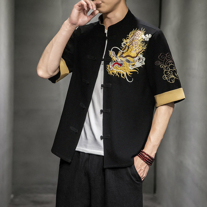 Buddha Stones Frog-Button Chinese Dragon Auspicious Cloud Embroidery Half Sleeve Shirt Cotton Linen Men Clothing - image 6