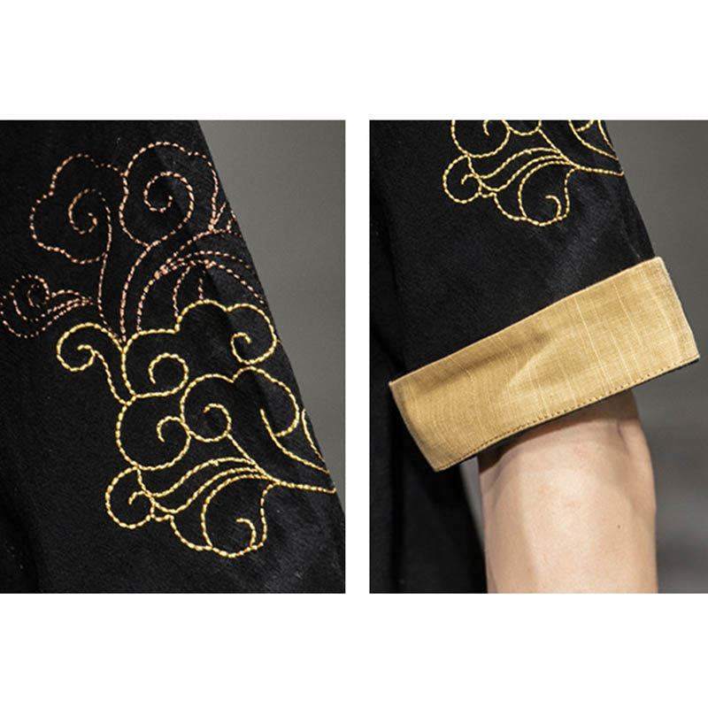 Buddha Stones Frog-Button Chinese Dragon Auspicious Cloud Embroidery Half Sleeve Shirt Cotton Linen Men Clothing - image 12