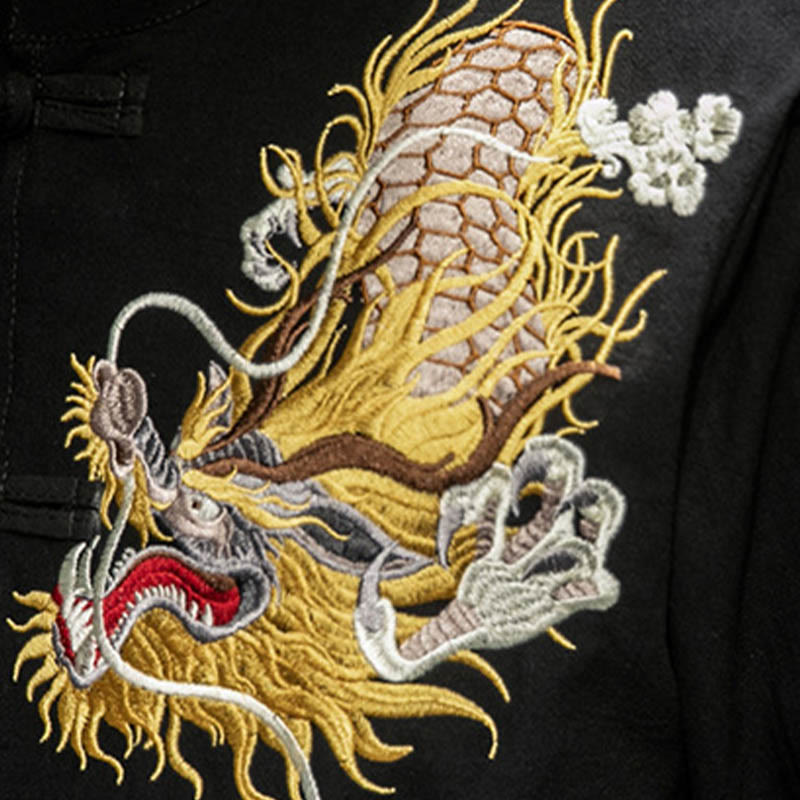 Buddha Stones Frog-Button Chinese Dragon Auspicious Cloud Embroidery Half Sleeve Shirt Cotton Linen Men Clothing - image 8