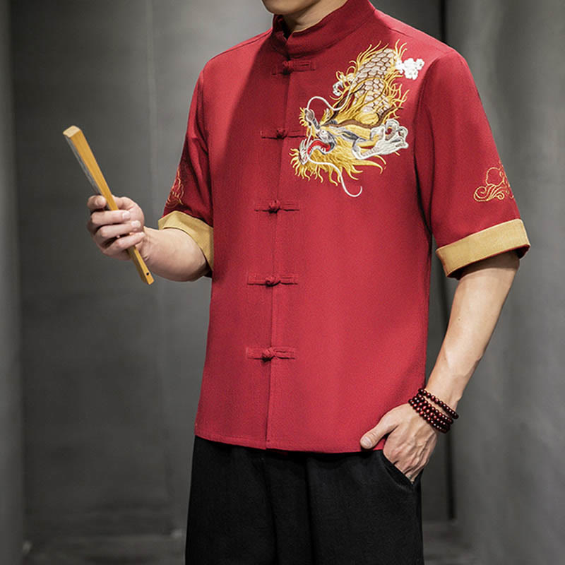 Buddha Stones Frog-Button Chinese Dragon Auspicious Cloud Embroidery Half Sleeve Shirt Cotton Linen Men Clothing - image 17