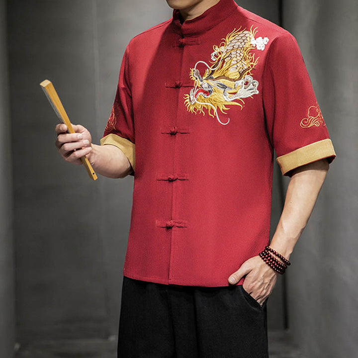 Buddha Stones Frog-Button Chinese Dragon Auspicious Cloud Embroidery Half Sleeve Shirt Cotton Linen Men Clothing - image 17