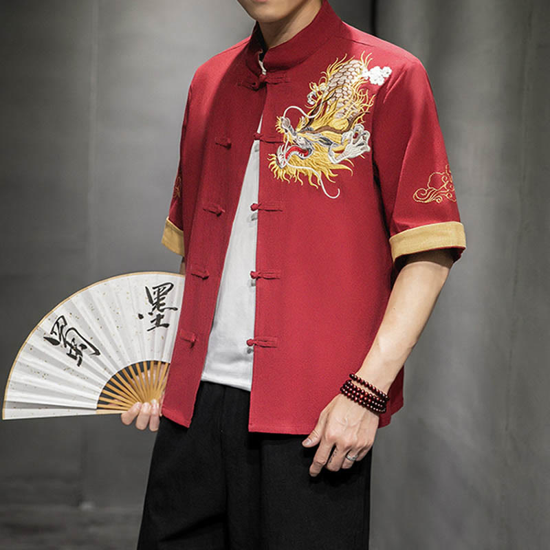 Buddha Stones Frog-Button Chinese Dragon Auspicious Cloud Embroidery Half Sleeve Shirt Cotton Linen Men Clothing - Tomato - US/UK/AU44，EU54 (5XL)  - image 13