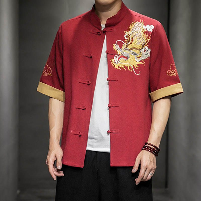 Buddha Stones Frog-Button Chinese Dragon Auspicious Cloud Embroidery Half Sleeve Shirt Cotton Linen Men Clothing - image 18