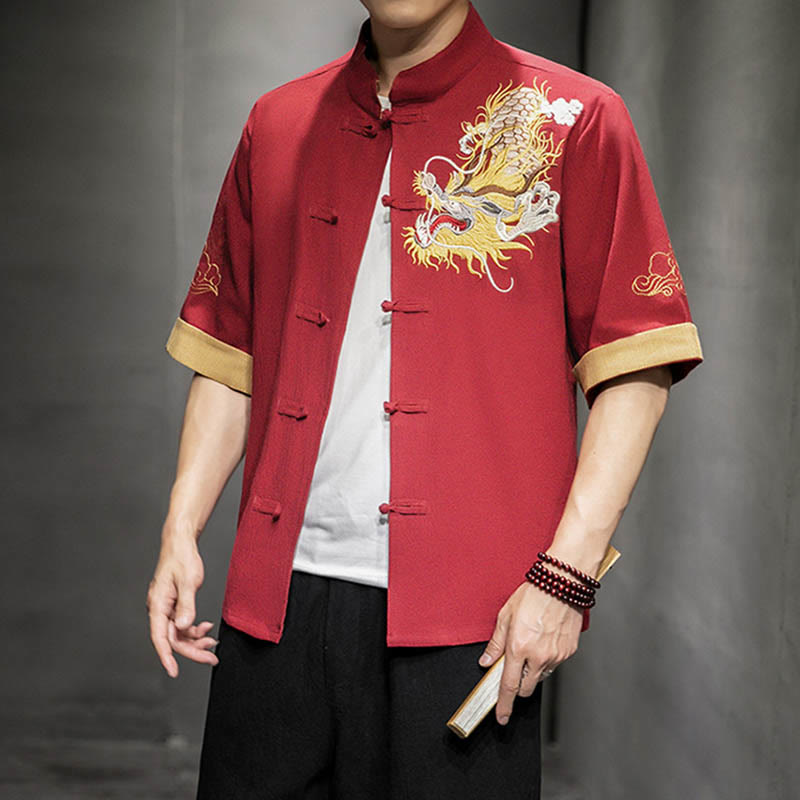 Buddha Stones Frog-Button Chinese Dragon Auspicious Cloud Embroidery Half Sleeve Shirt Cotton Linen Men Clothing - image 19