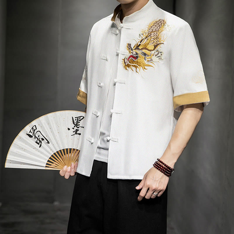 Buddha Stones Frog-Button Chinese Dragon Auspicious Cloud Embroidery Half Sleeve Shirt Cotton Linen Men Clothing - White - US/UK/AU44，EU54 (5XL)  - image 21