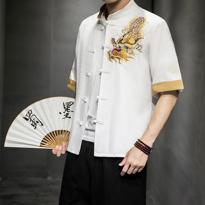 Buddha Stones Frog-Button Chinese Dragon Auspicious Cloud Embroidery Half Sleeve Shirt Cotton Linen Men Clothing - White - US/UK/AU44，EU54 (5XL)  - image 21