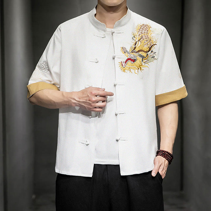 Buddha Stones Frog-Button Chinese Dragon Auspicious Cloud Embroidery Half Sleeve Shirt Cotton Linen Men Clothing - image 24