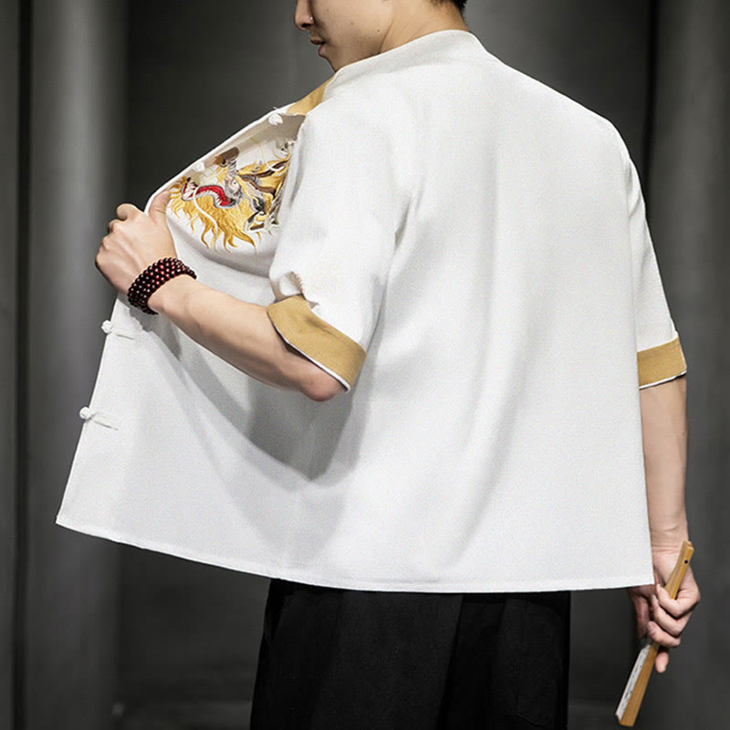 Buddha Stones Frog-Button Chinese Dragon Auspicious Cloud Embroidery Half Sleeve Shirt Cotton Linen Men Clothing - image 22