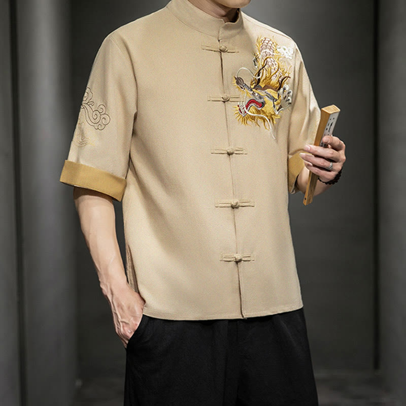 Buddha Stones Frog-Button Chinese Dragon Auspicious Cloud Embroidery Half Sleeve Shirt Cotton Linen Men Clothing - image 31
