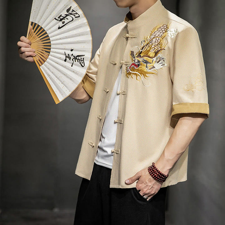 Buddha Stones Frog-Button Chinese Dragon Auspicious Cloud Embroidery Half Sleeve Shirt Cotton Linen Men Clothing - image 30