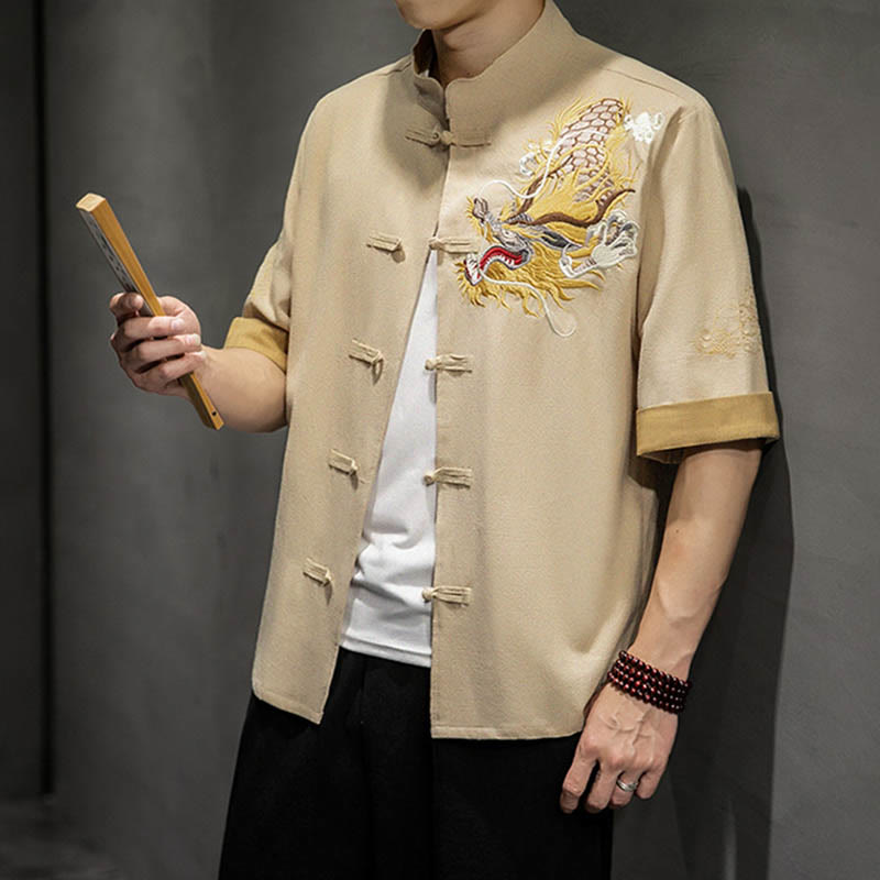 Buddha Stones Frog-Button Chinese Dragon Auspicious Cloud Embroidery Half Sleeve Shirt Cotton Linen Men Clothing - image 33