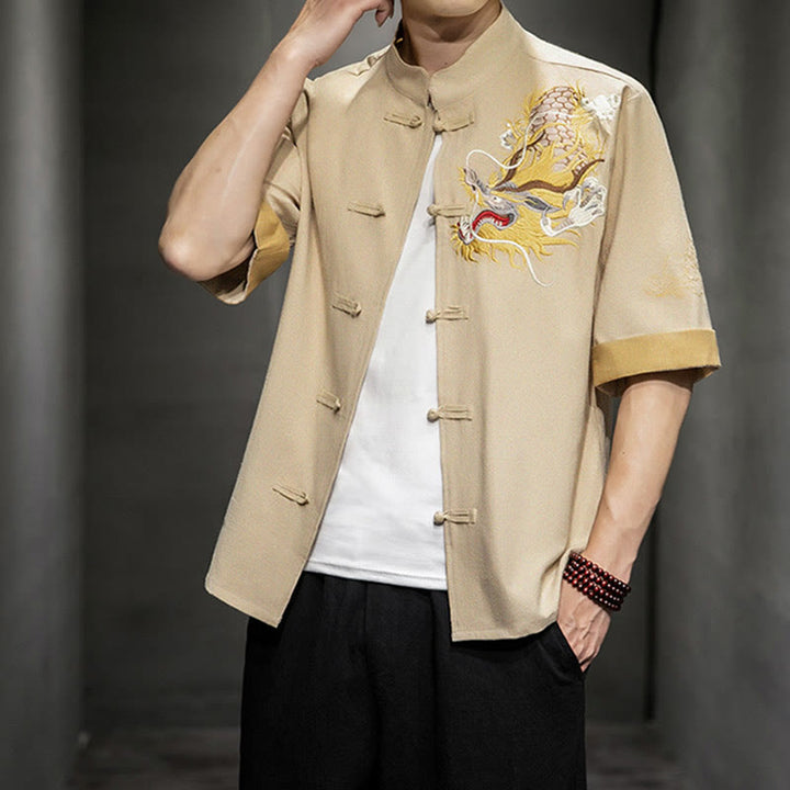 Buddha Stones Frog-Button Chinese Dragon Auspicious Cloud Embroidery Half Sleeve Shirt Cotton Linen Men Clothing - image 32