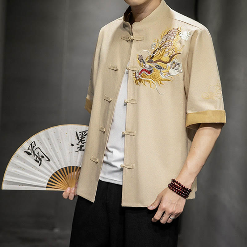 Buddha Stones Frog-Button Chinese Dragon Auspicious Cloud Embroidery Half Sleeve Shirt Cotton Linen Men Clothing - Linen - US/UK/AU44，EU54 (5XL)  - image 27