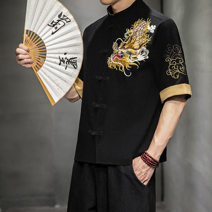 Buddha Stones Frog-Button Chinese Dragon Auspicious Cloud Embroidery Half Sleeve Shirt Cotton Linen Men Clothing - image 5