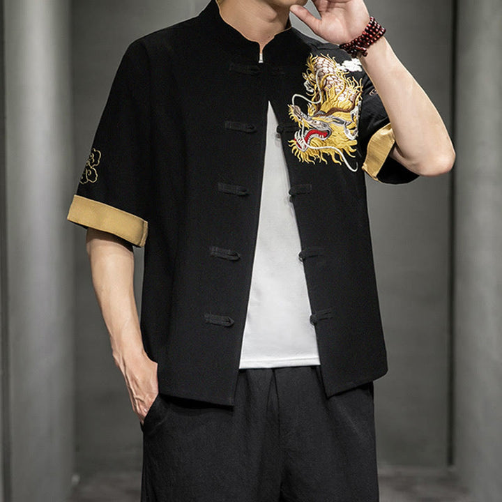 Buddha Stones Frog-Button Chinese Dragon Auspicious Cloud Embroidery Half Sleeve Shirt Cotton Linen Men Clothing - image 4