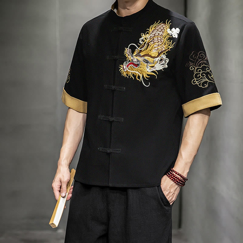 Buddha Stones Frog-Button Chinese Dragon Auspicious Cloud Embroidery Half Sleeve Shirt Cotton Linen Men Clothing - image 7