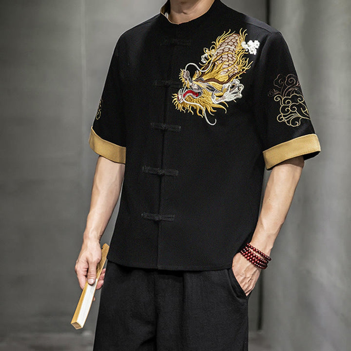 Buddha Stones Frog-Button Chinese Dragon Auspicious Cloud Embroidery Half Sleeve Shirt Cotton Linen Men Clothing - image 7
