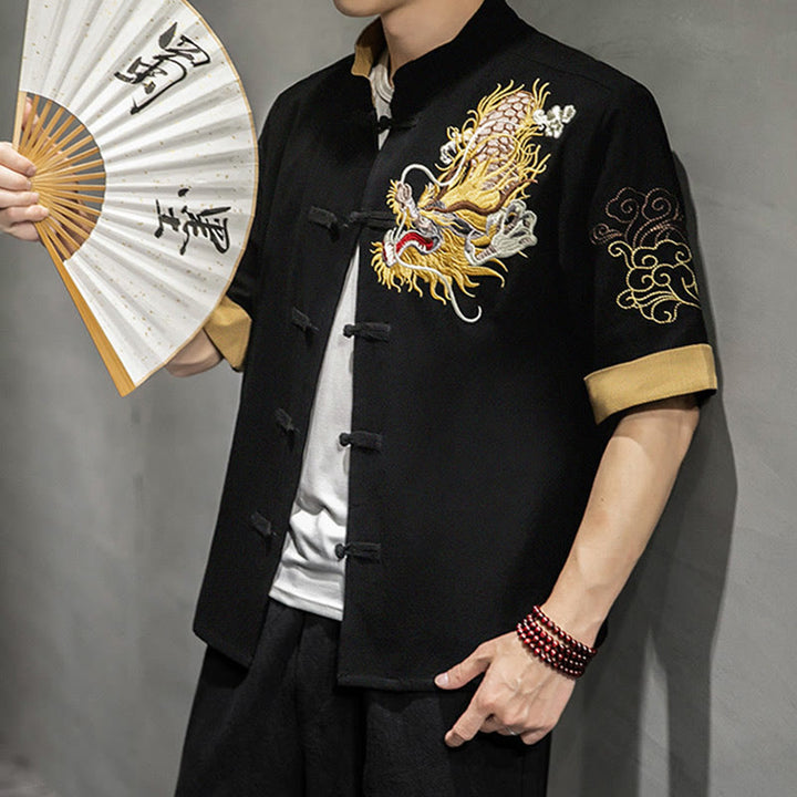 Buddha Stones Frog-Button Chinese Dragon Auspicious Cloud Embroidery Half Sleeve Shirt Cotton Linen Men Clothing - image 2
