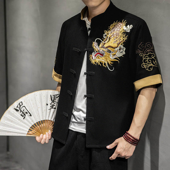Buddha Stones Frog-Button Chinese Dragon Auspicious Cloud Embroidery Half Sleeve Shirt Cotton Linen Men Clothing - Black - US/UK/AU44，EU54 (5XL)  - image 1