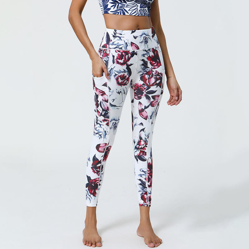 Buddha Stones Rose Lines Tiger Leopard Print Sports Fitness High Waist Leggings Women's Yoga Pants With Pockets - White Red Rose - US12，UK/AU16，EU44 (XL) - image 0