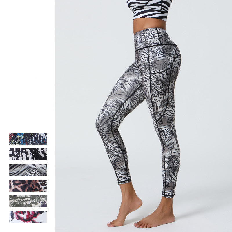 Buddha Stones Rose Lines Tiger Leopard Print Sports Fitness High Waist Leggings Women's Yoga Pants With Pockets