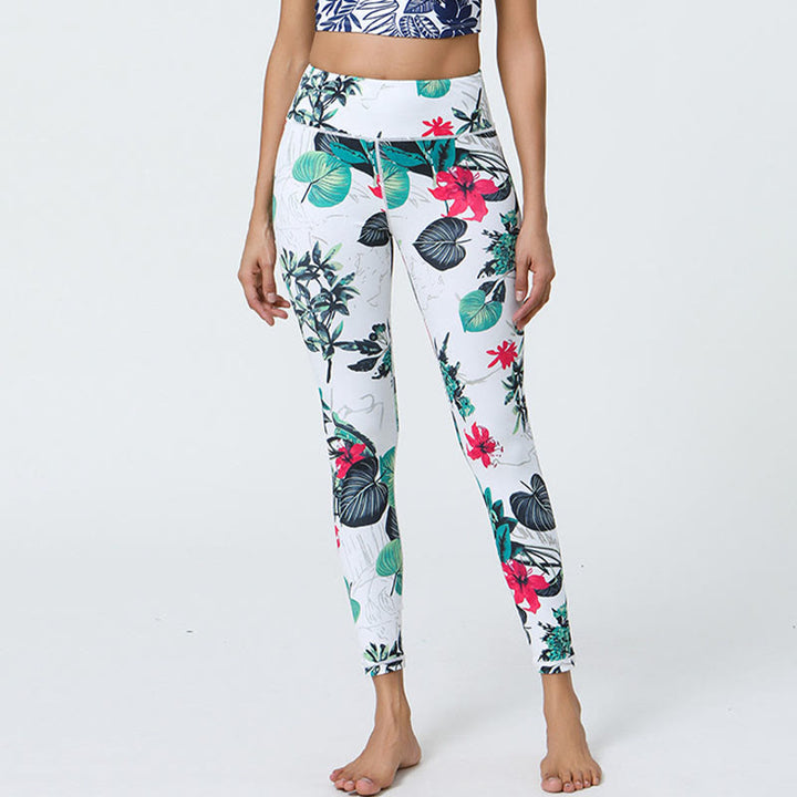 Buddha Stones Flowers Leaves Dandelions Pineapples Print Sports Fitness High Waist Leggings Women's Yoga Pants - White Green Flowers Leaves - US12，UK/AU16，EU44 (XL) - image 7