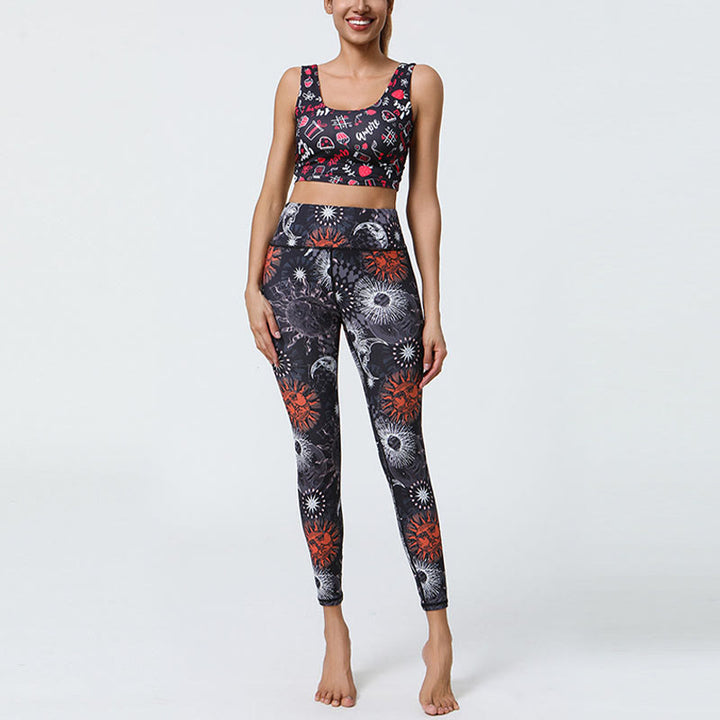 Buddha Stones Flowers Feathers Sun Moon Print Sports Fitness Yoga High Waist Leggings Women's Pants