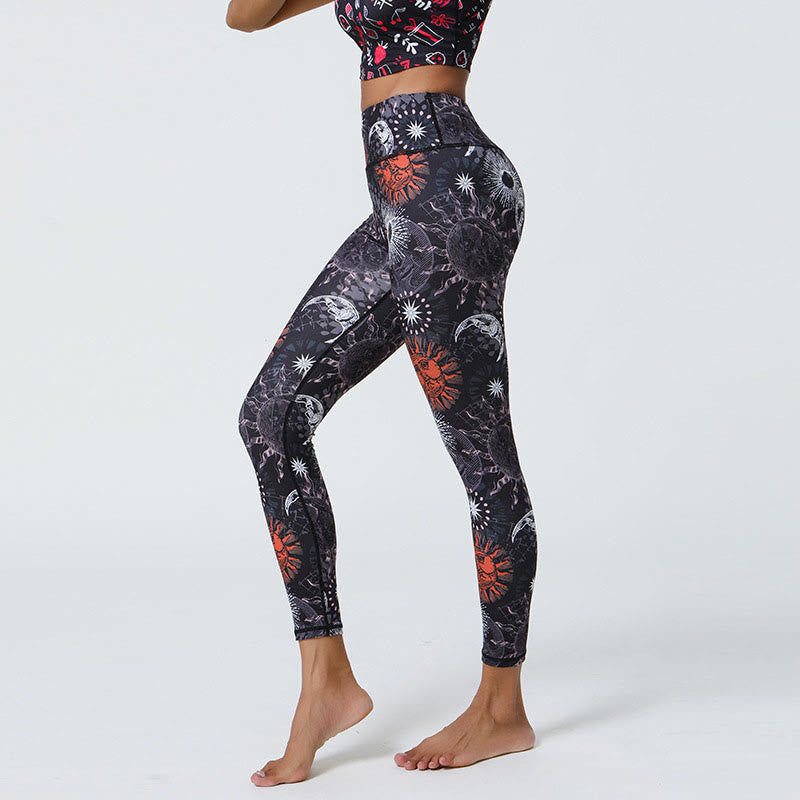 Buddha Stones Flowers Feathers Sun Moon Print Sports Fitness Yoga High Waist Leggings Women's Pants