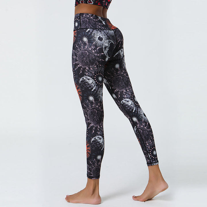 Buddha Stones Flowers Feathers Sun Moon Print Sports Fitness Yoga High Waist Leggings Women's Pants