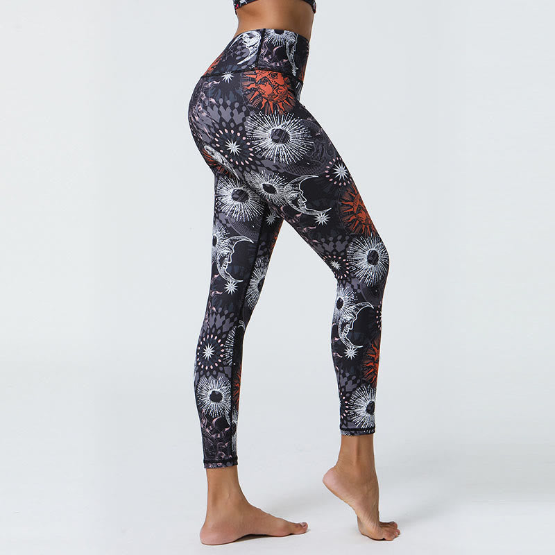 Buddha Stones Flowers Feathers Sun Moon Print Sports Fitness Yoga High Waist Leggings Women's Pants