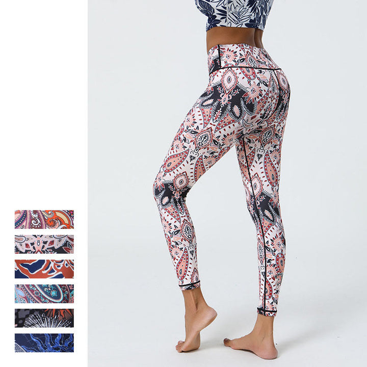 Buddha Stones Flowers Feathers Sun Moon Print Sports Fitness Yoga High Waist Leggings Women's Pants