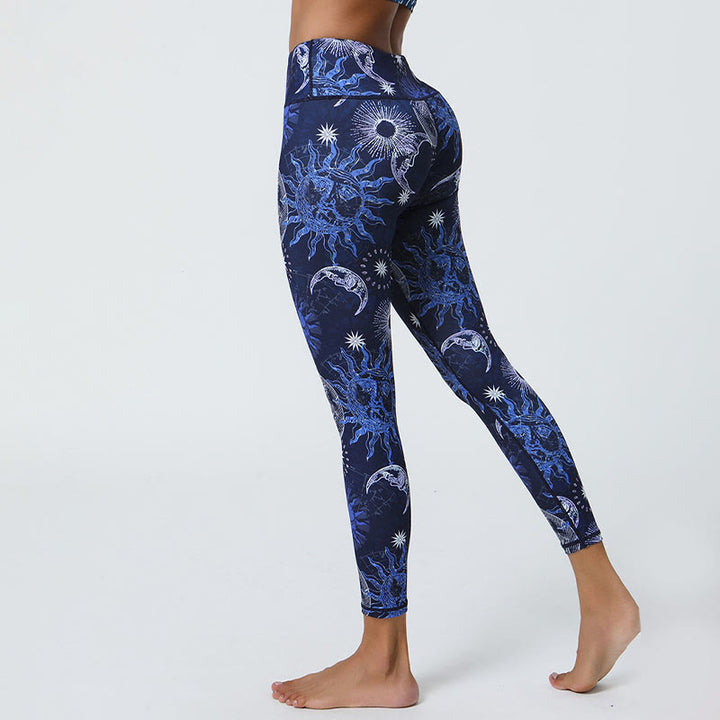 Buddha Stones Flowers Feathers Sun Moon Print Sports Fitness Yoga High Waist Leggings Women's Pants