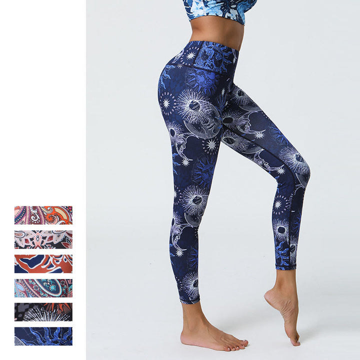 Buddha Stones Flowers Feathers Sun Moon Print Sports Fitness Yoga High Waist Leggings Women's Pants