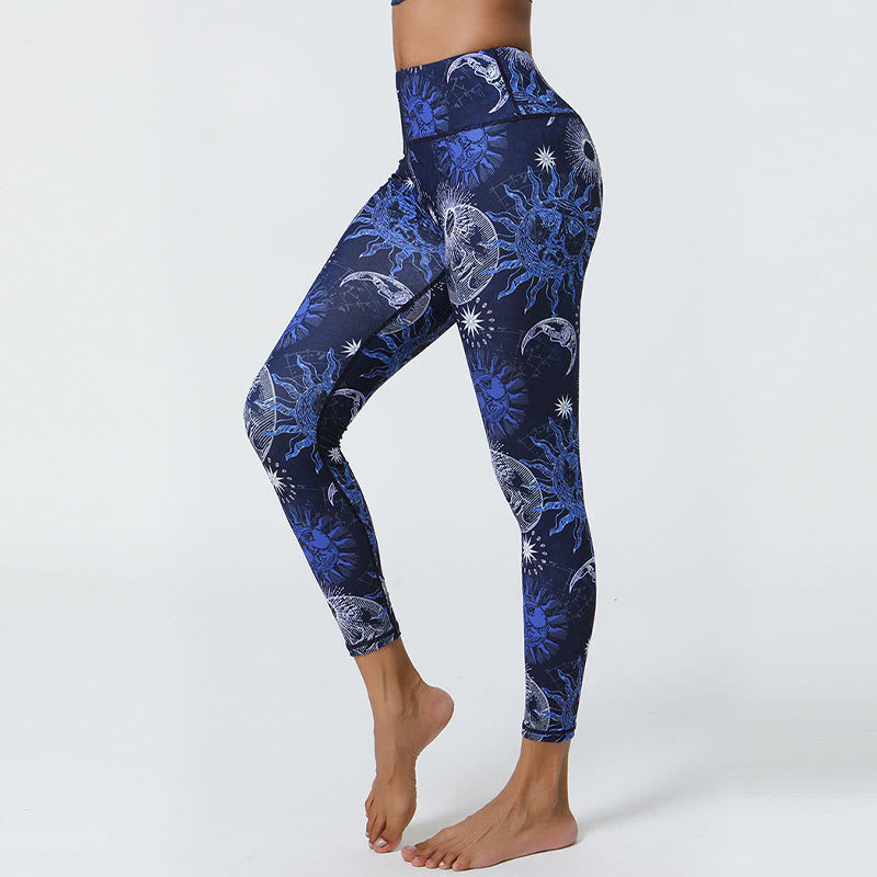 Buddha Stones Flowers Feathers Sun Moon Print Sports Fitness Yoga High Waist Leggings Women's Pants