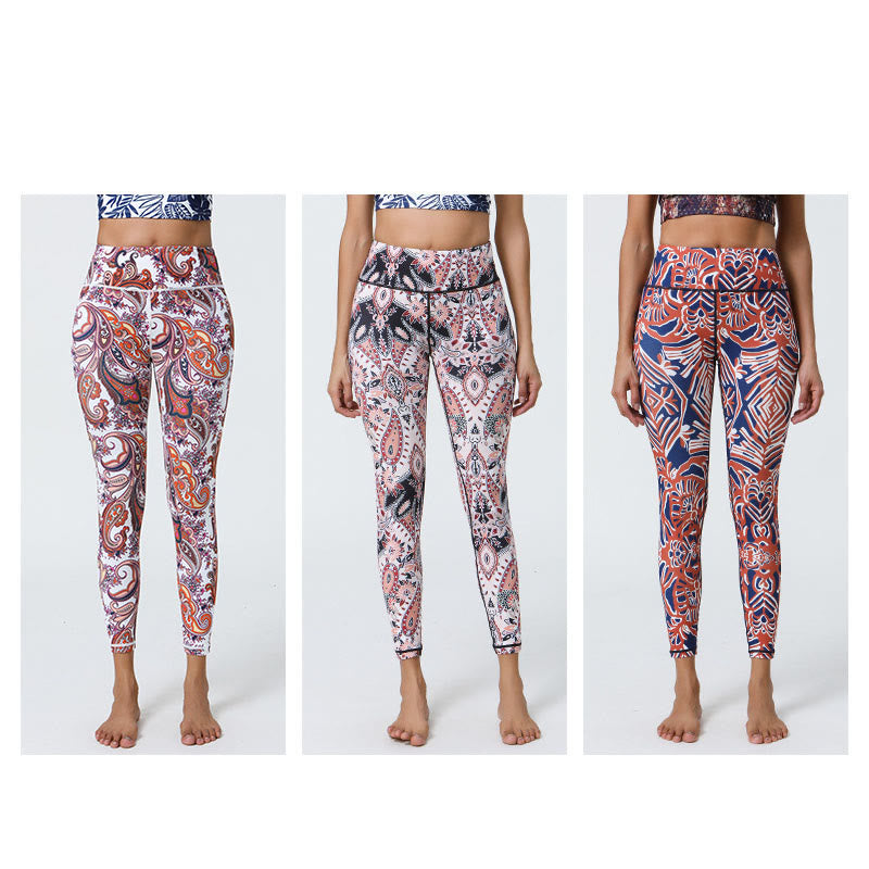 Buddha Stones Flowers Feathers Sun Moon Print Sports Fitness Yoga High Waist Leggings Women's Pants