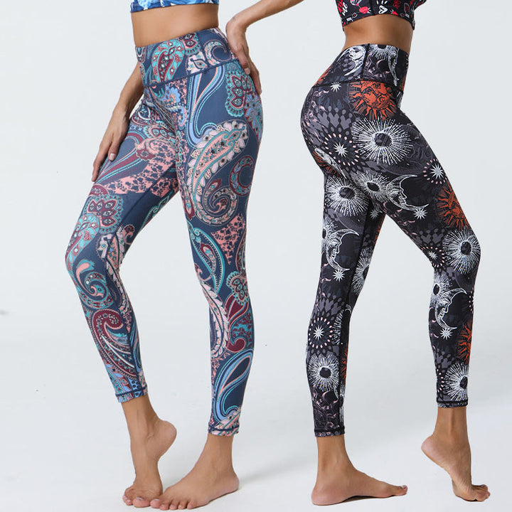 Buddha Stones Flowers Feathers Sun Moon Print Sports Fitness Yoga High Waist Leggings Women's Pants