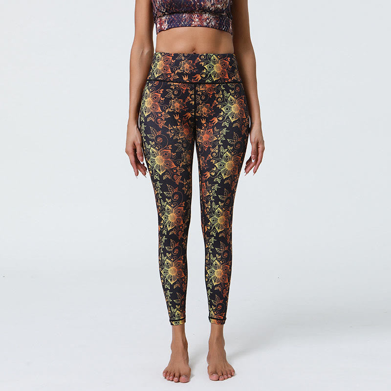 Buddha Stones Flowers Geometric Mandalas Print Sports Fitness Yoga High Waist Leggings Women's Pants