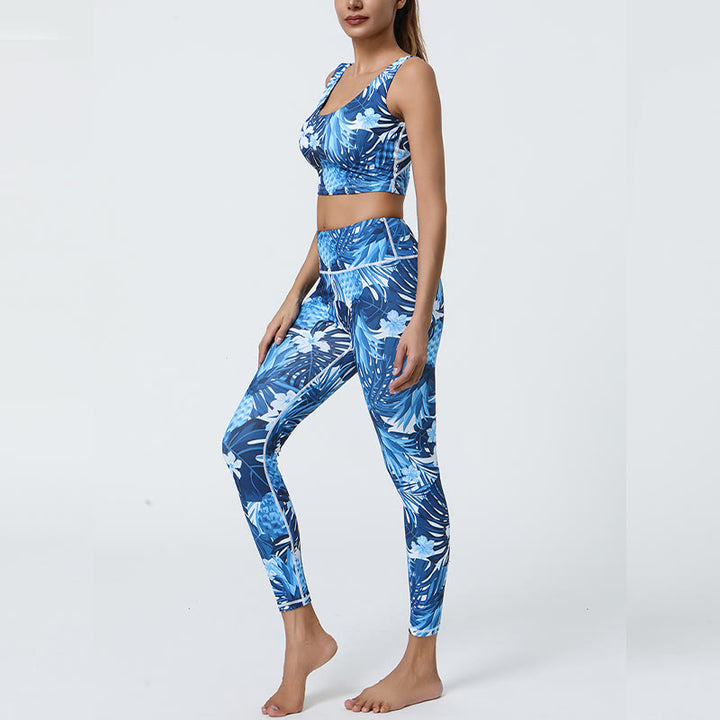 Buddha Stones 2Pcs Pineapple Grass Leaves Print Sports Fitness Crop Tank Bra High Waist Leggings Yoga Pants