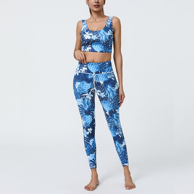 Buddha Stones 2Pcs Pineapple Grass Leaves Print Sports Fitness Crop Tank Bra High Waist Leggings Yoga Pants